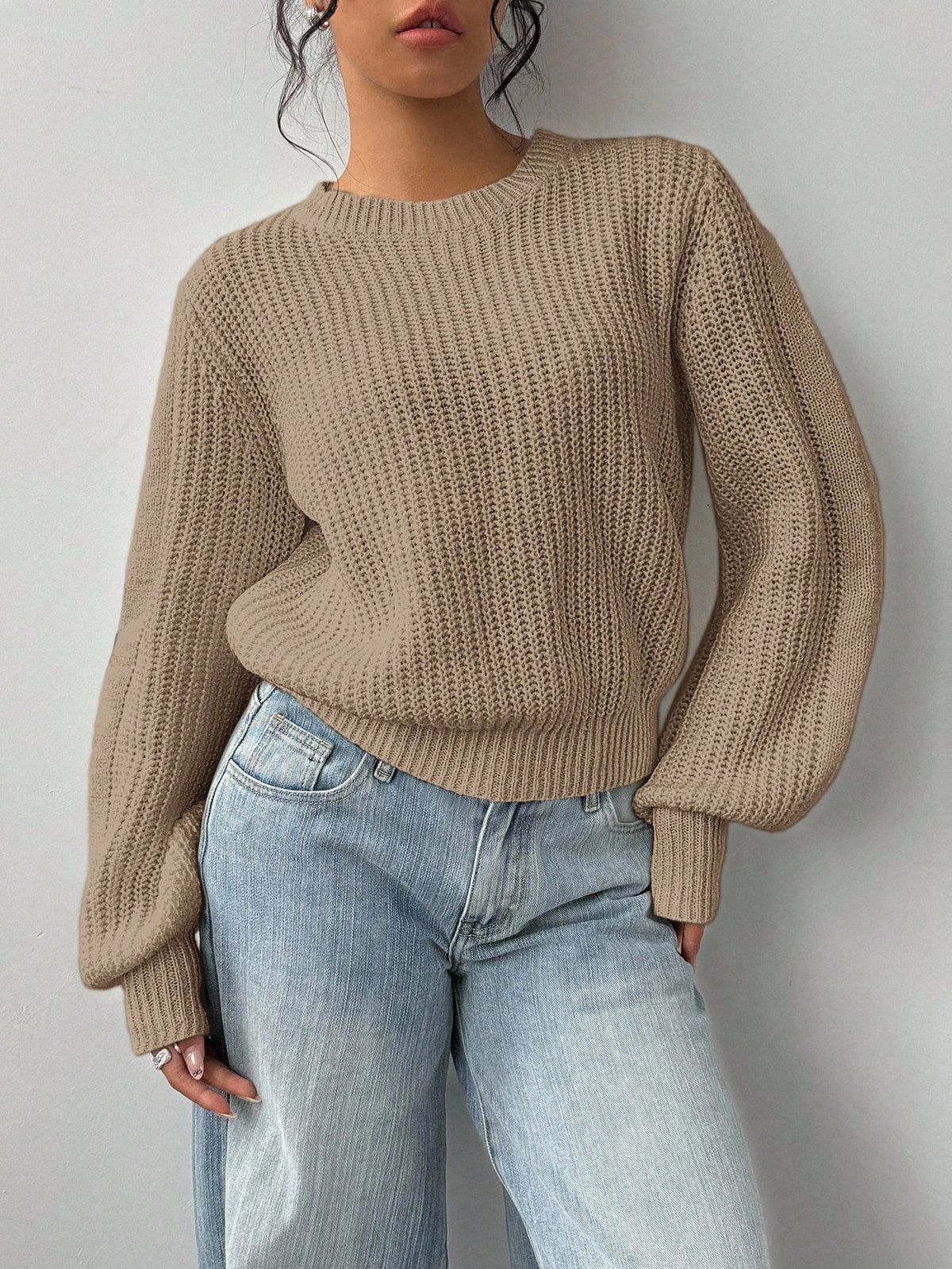 Grya | Rib-Knit Bishop Sleeve Sweater
