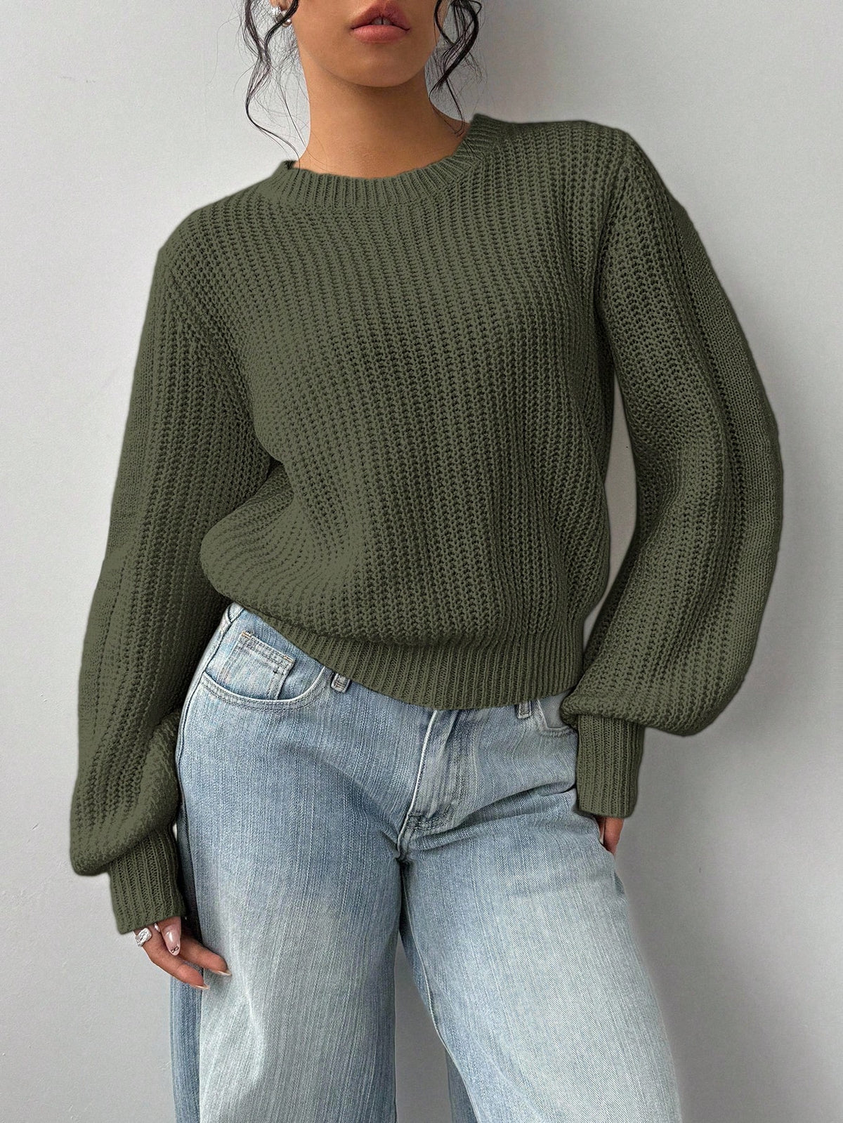 Grya | Rib-Knit Bishop Sleeve Sweater