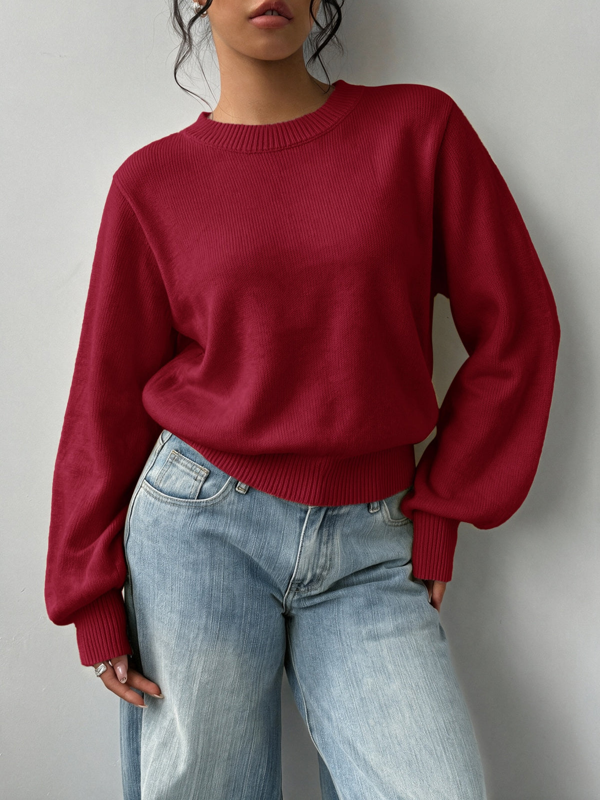 Grya | Rib-Knit Bishop Sleeve Sweater