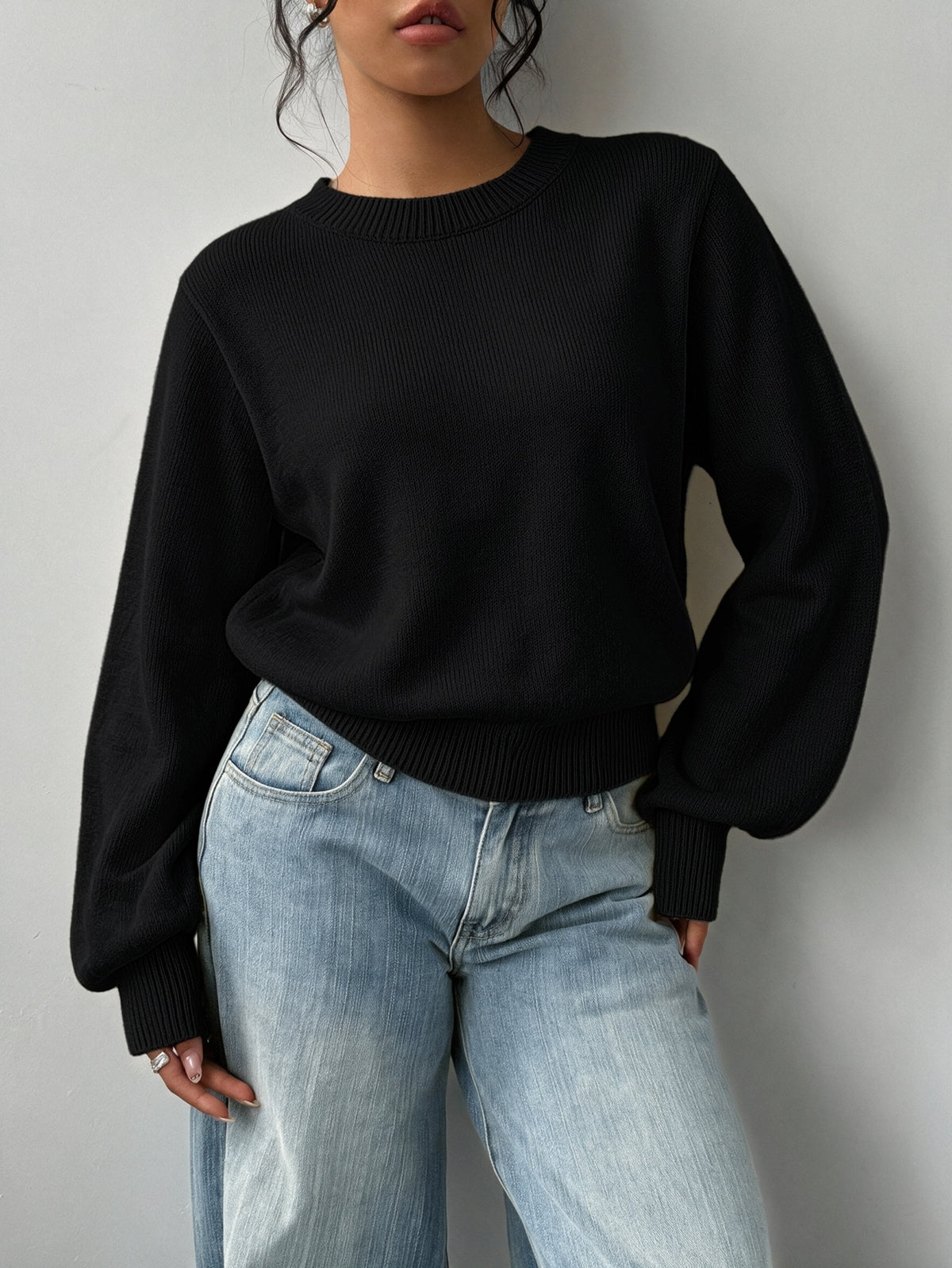 Grya | Rib-Knit Bishop Sleeve Sweater