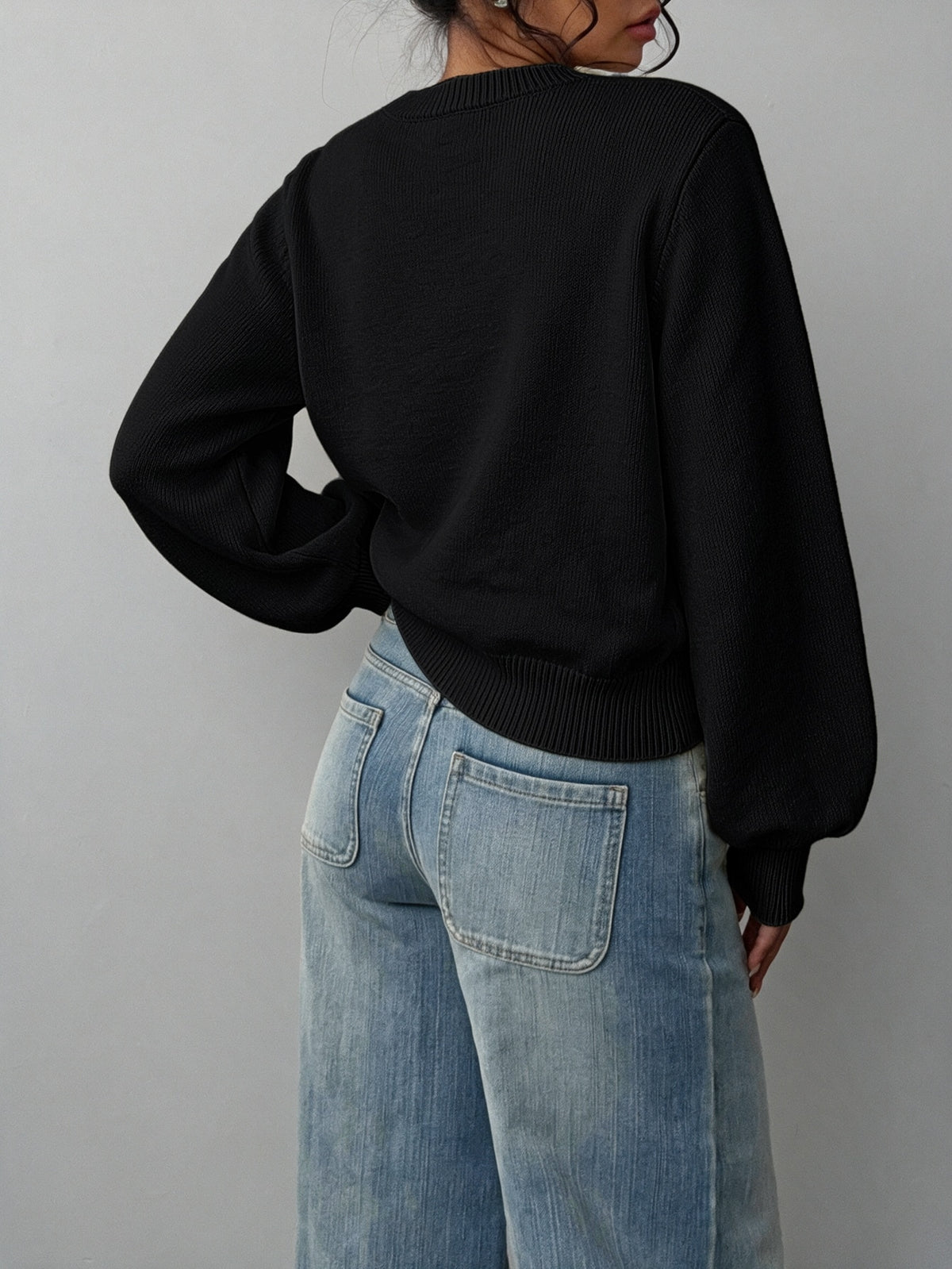 Grya | Rib-Knit Bishop Sleeve Sweater