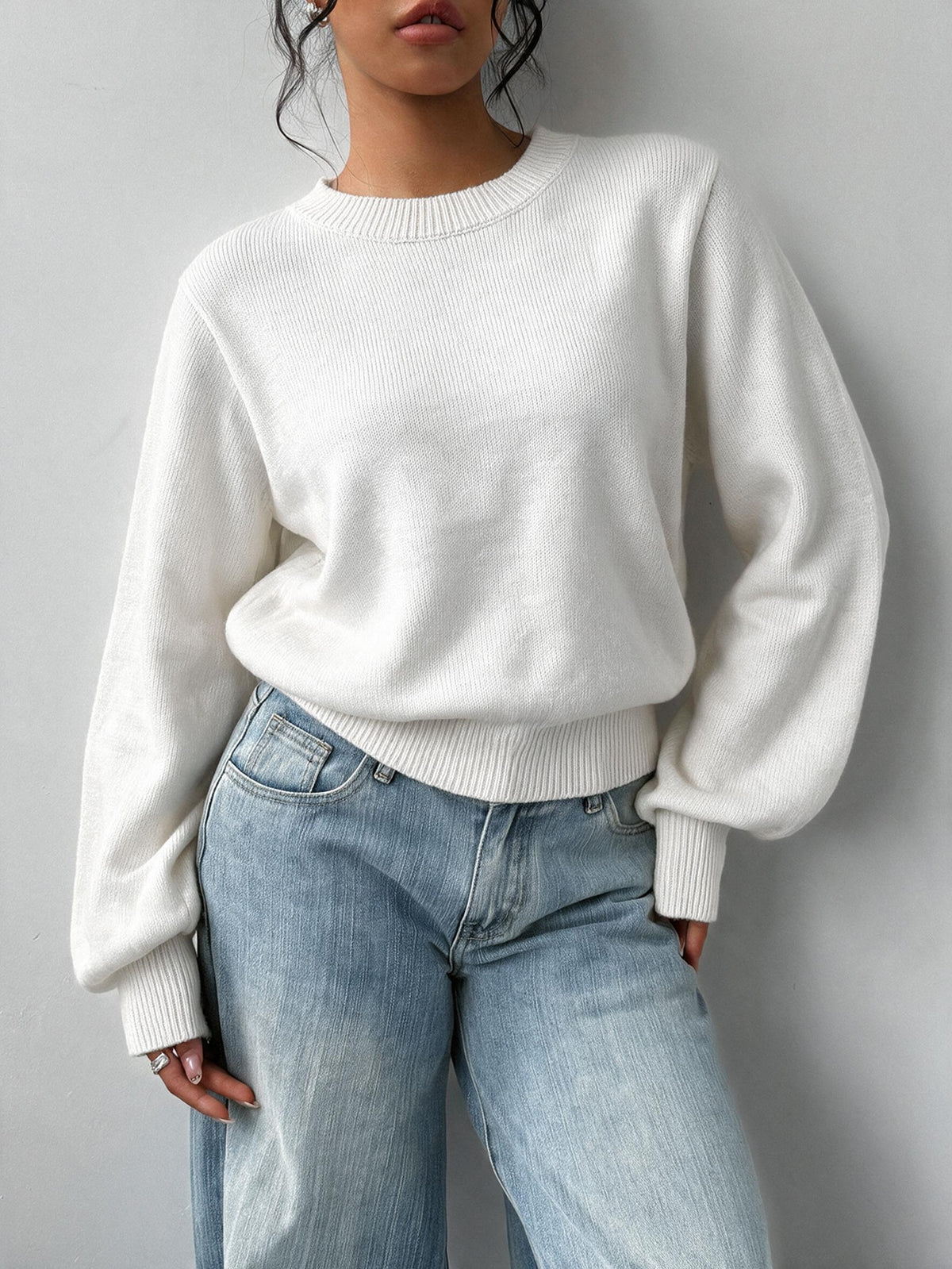 Grya | Rib-Knit Bishop Sleeve Sweater