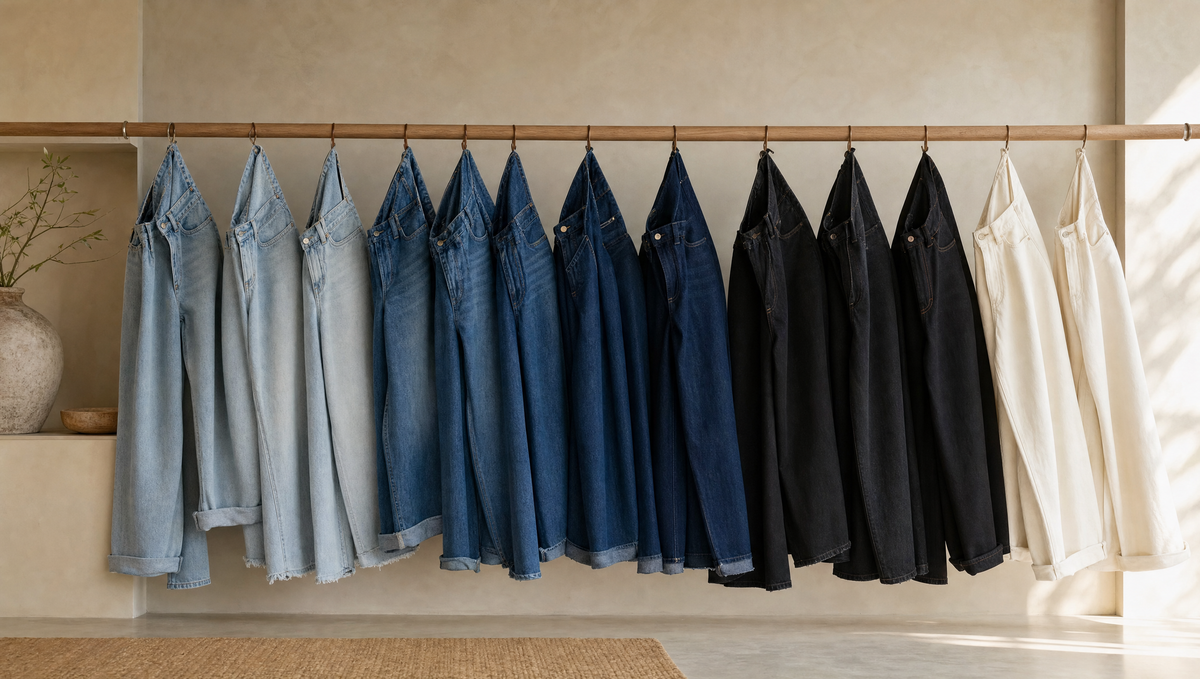 Women's jeans in classic washes hanging on a wooden rail