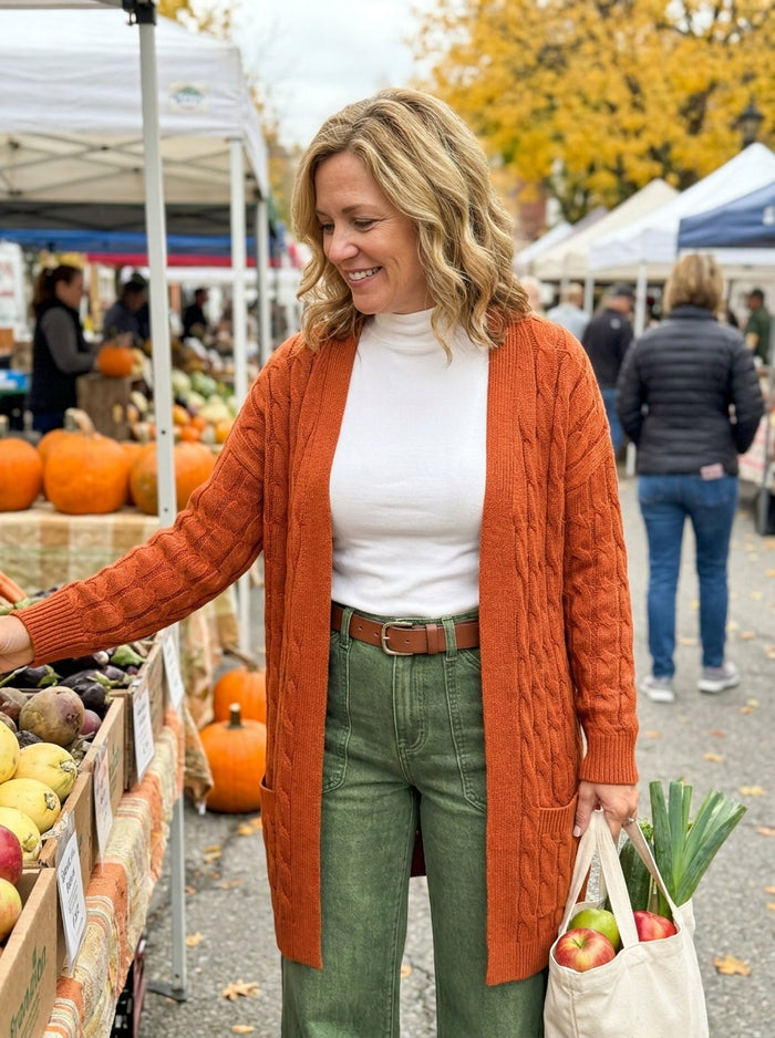 Dana in our Bella Cardigan & Mara Jeans