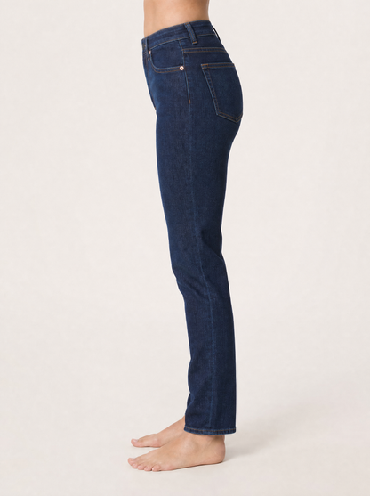The Straight Jean in dark indigo, side view