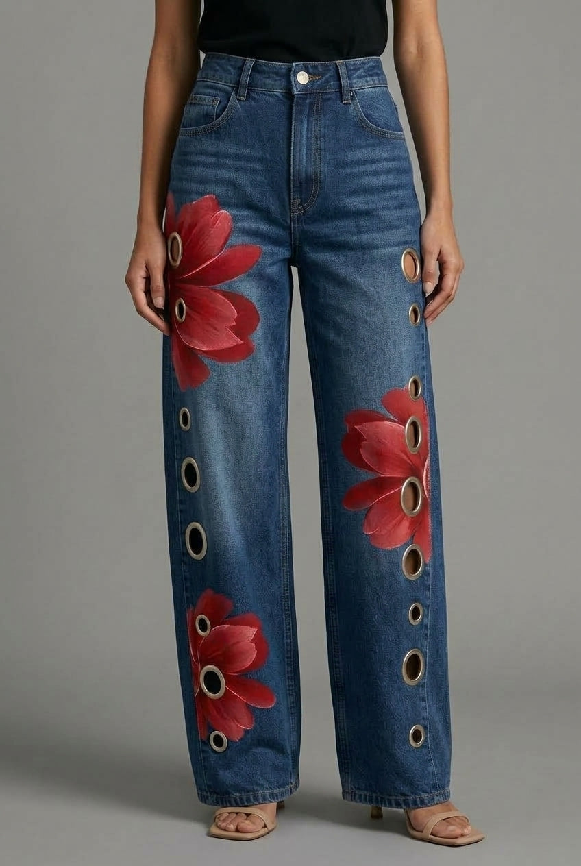 Elya | Floral Wide-Leg Denim Jeans