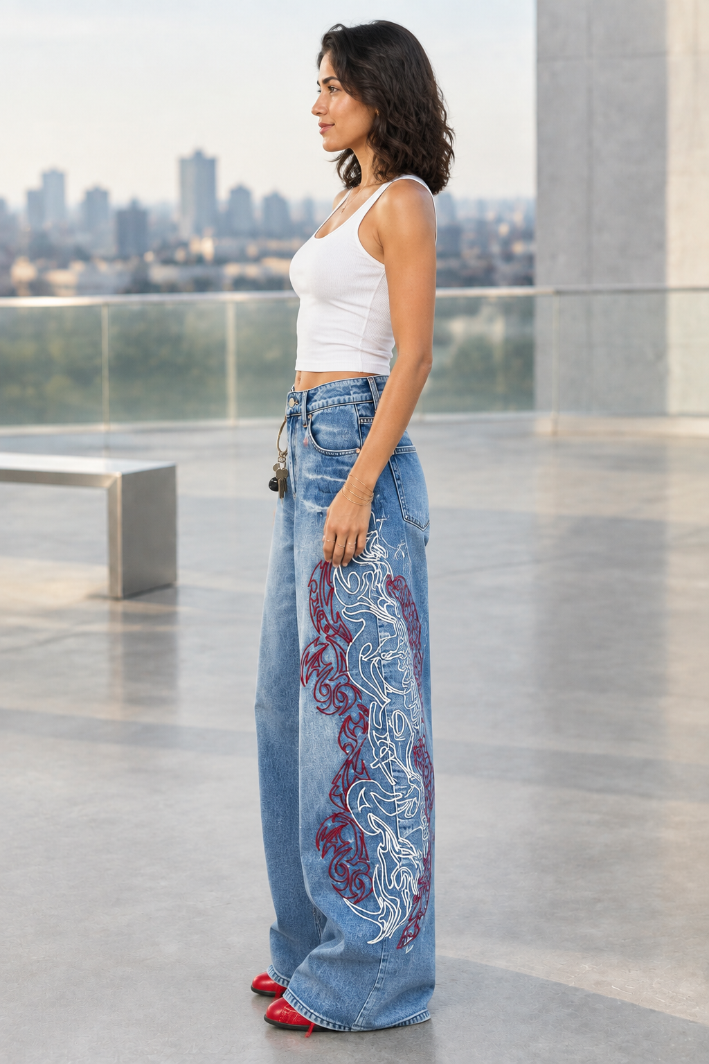 Amia | Embroidered Wide-Leg Jeans