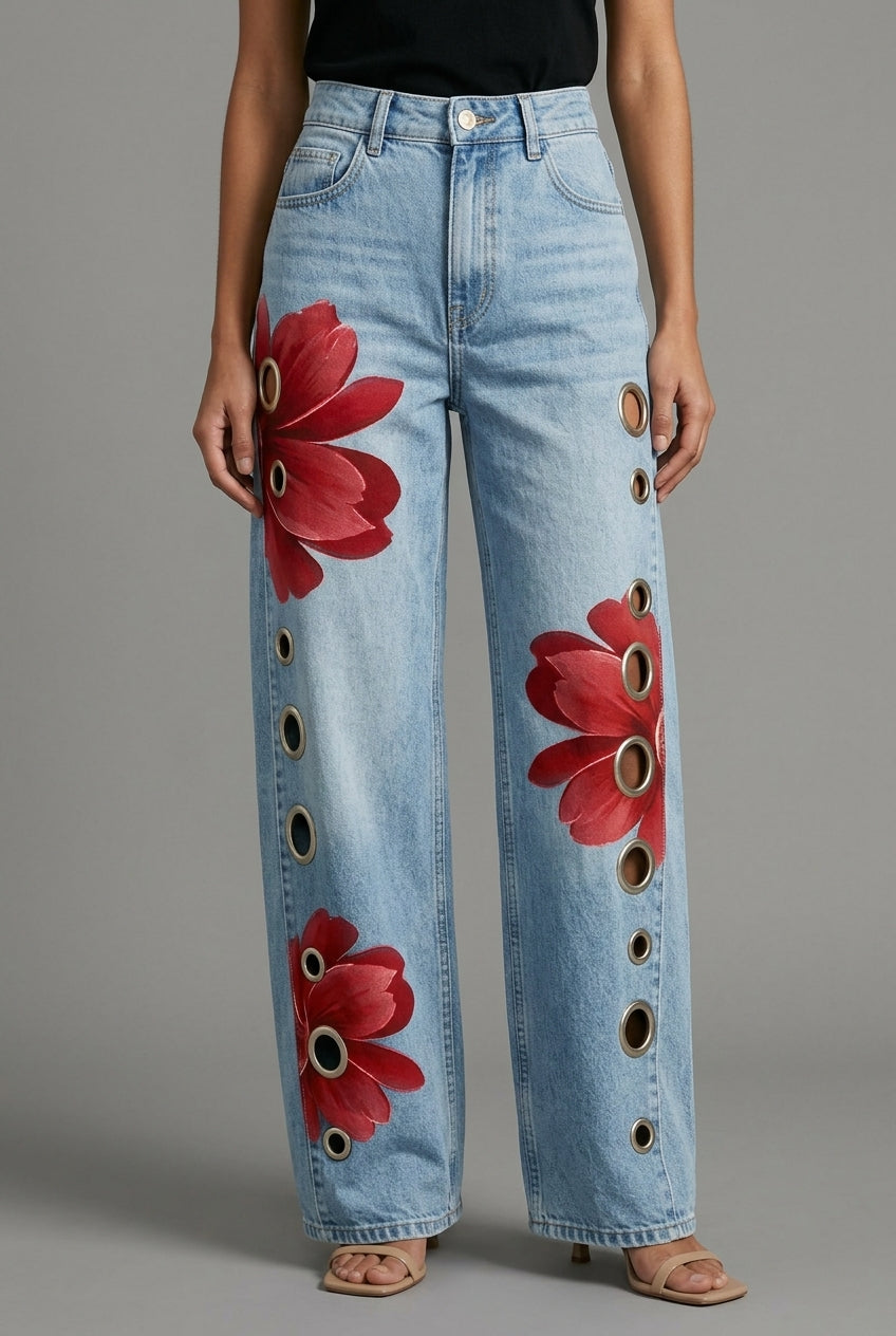 Elya | Floral Wide-Leg Denim Jeans