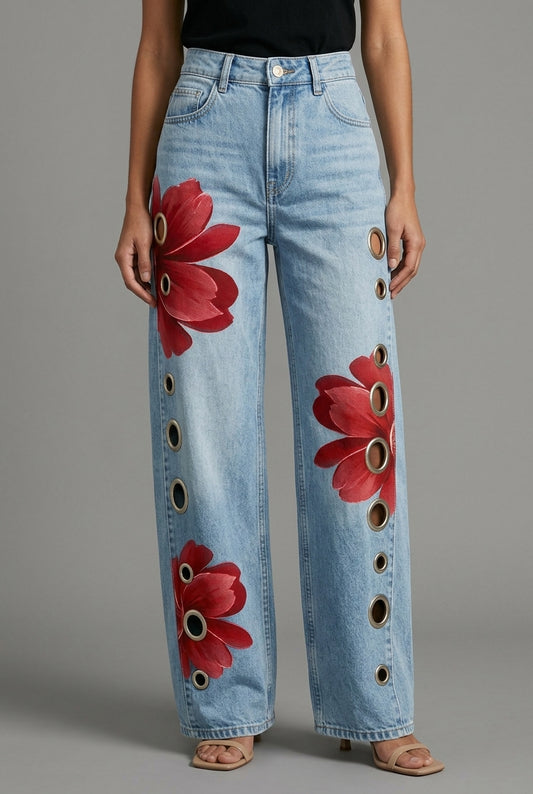Elya | Floral Wide-Leg Denim Jeans