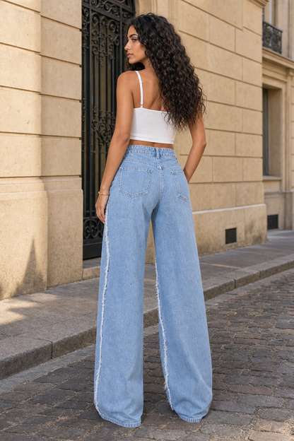 Neline | Frayed Raw Edge Wide Leg Jeans