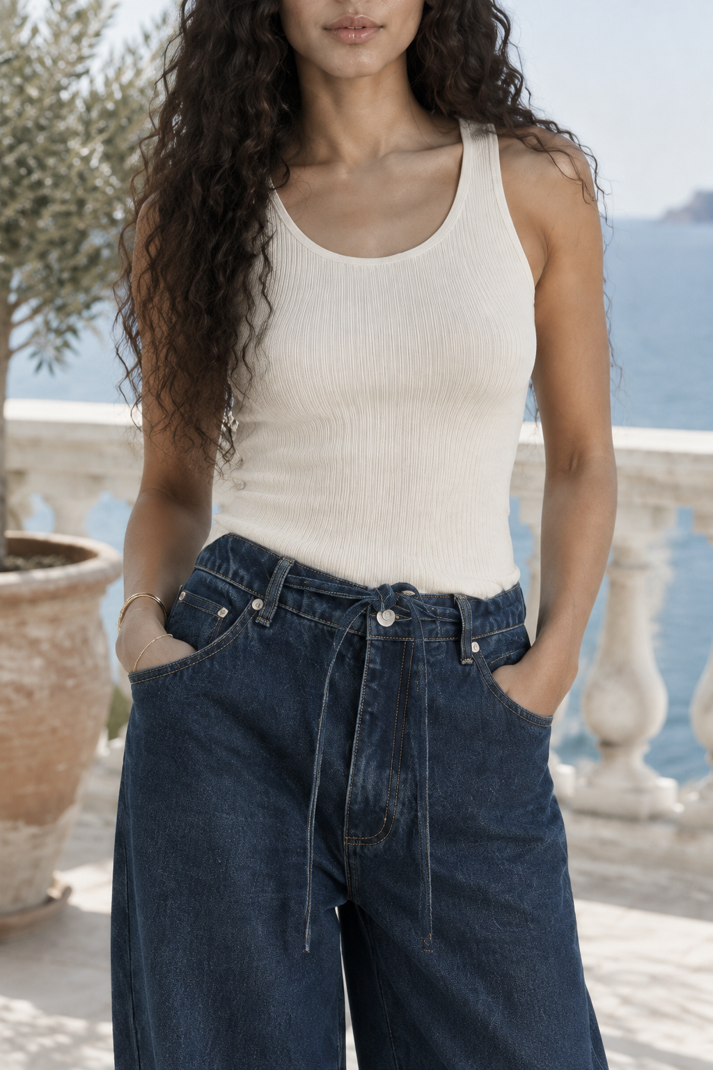 Noline | Wide Leg Tie Waist Jeans