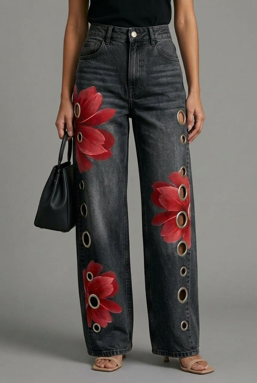 Elya | Floral Wide-Leg Denim Jeans