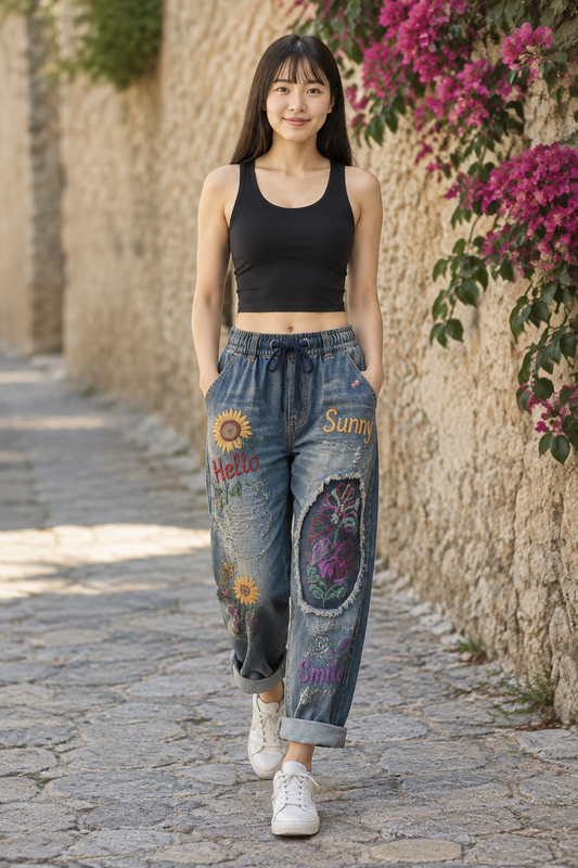 Anis | Embroidered Distressed Relaxed Jeans