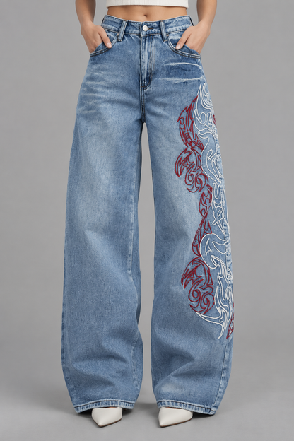 Amia | Embroidered Wide-Leg Jeans