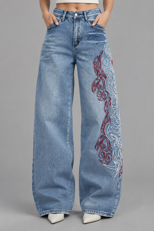 Amia | Embroidered Wide-Leg Jeans