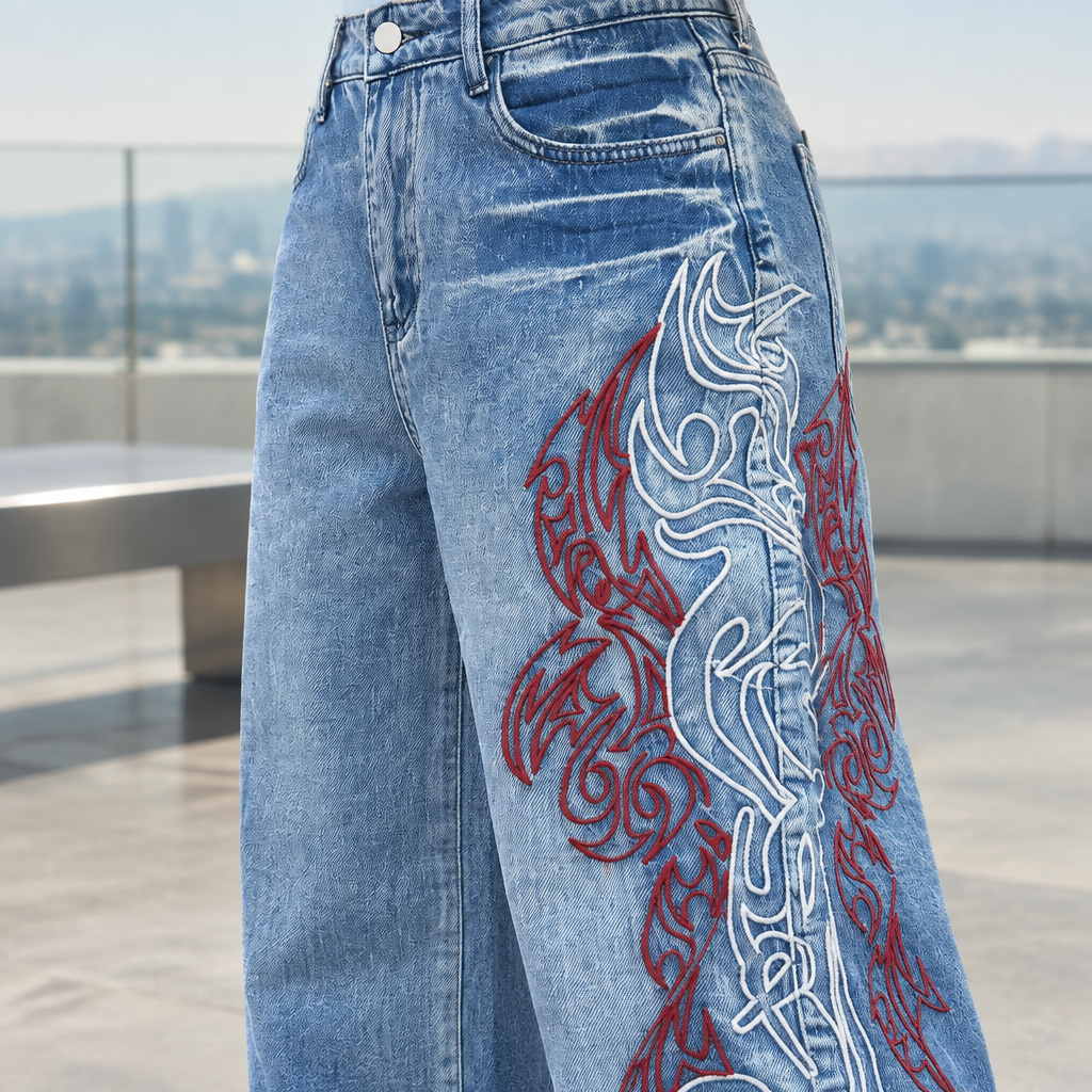 Amia | Embroidered Wide-Leg Jeans