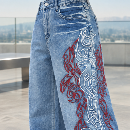 Amia | Embroidered Wide-Leg Jeans