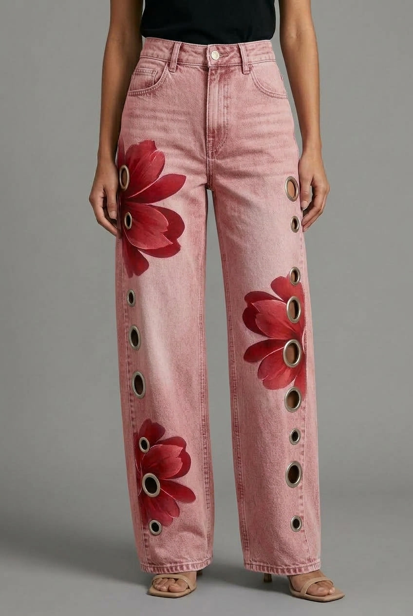 Elya | Floral Wide-Leg Denim Jeans